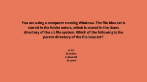 You are using a computer running Windows. The file blue.txt is stored in the folder colors, which is stored in the Users directory of the c:\ file system. Which of the following is the parent directory of the file blue.txt?