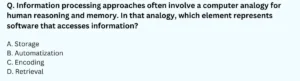 Information processing approaches often involve a computer analogy for human reasoning and memory. In that analogy, which element represents software that accesses information? A. Storage B. Automatization C. Encoding D. Retrieval