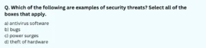 Which of the following are examples of security threats? Select all of the boxes that apply. a) antivirus software b) bugs c) power surges d) theft of hardware