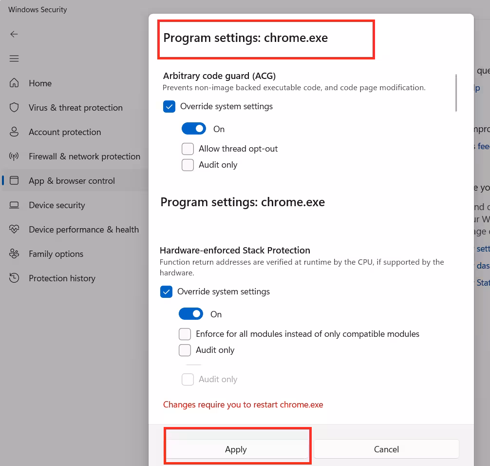 Override Exploit Protection Settings for Chrome