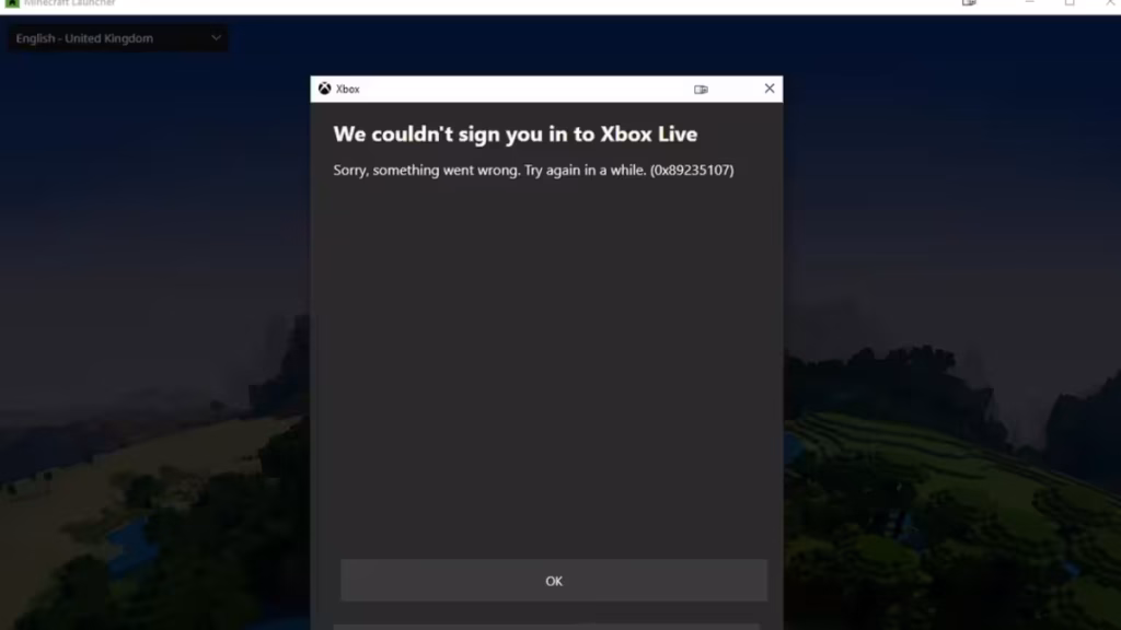 Minecraft Error 0x89235107