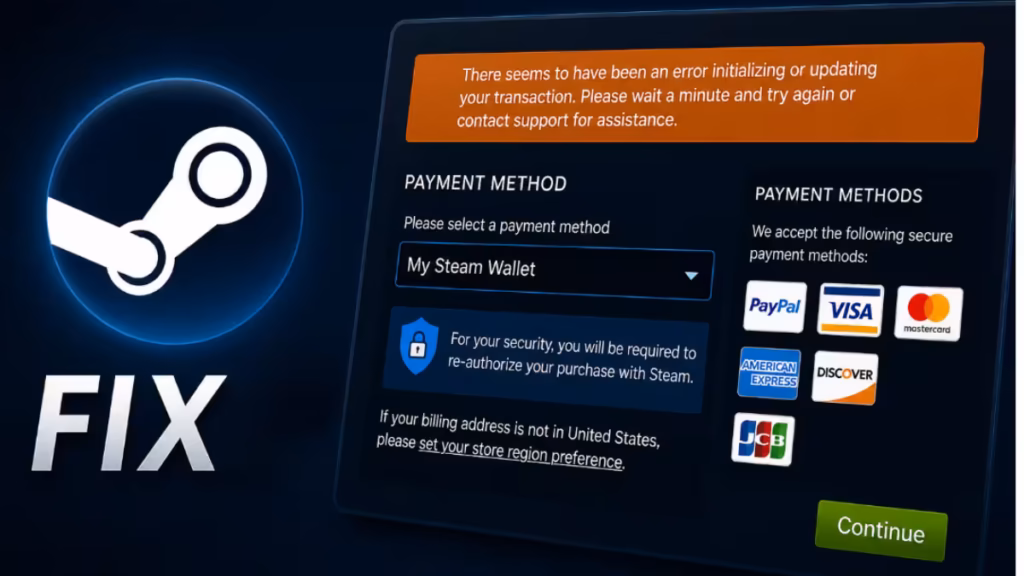how to fix Steam error initializing or updating transaction