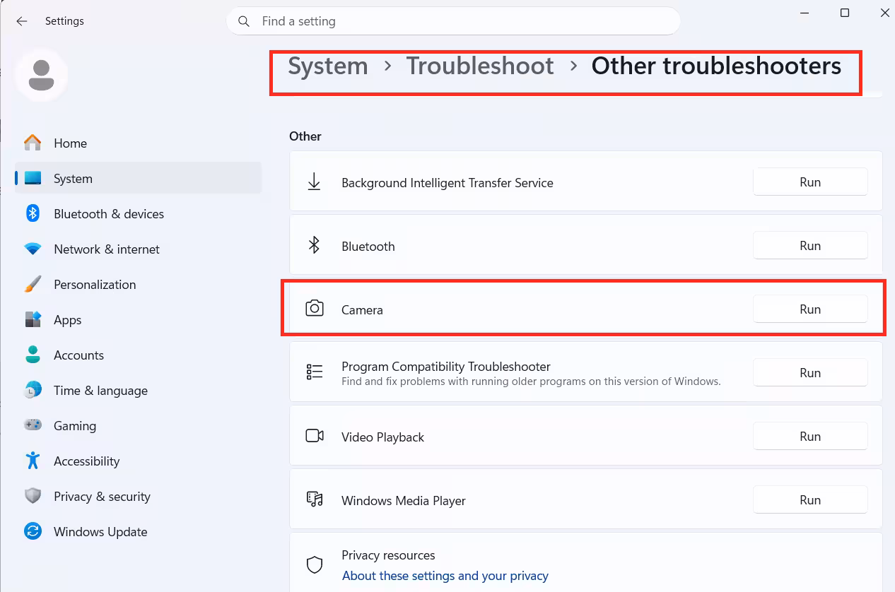 Run the Camera Troubleshooter