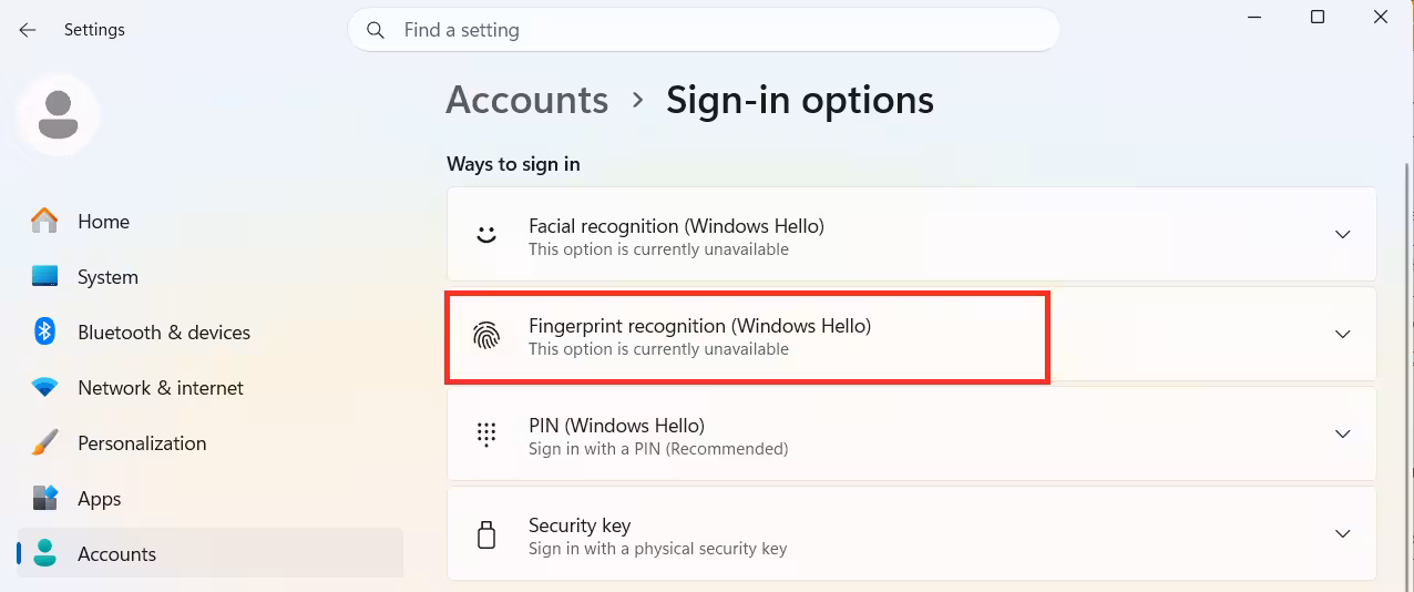 Check Windows Hello Settings in Sign-in Options