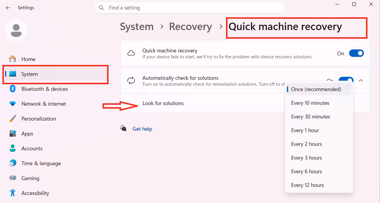 Enable Quick Machine Recovery from Settings