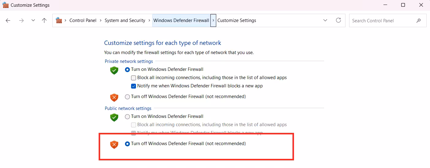 Disable Windows Defender Firewall Temporarily