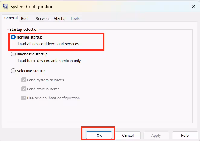 restore normal startup