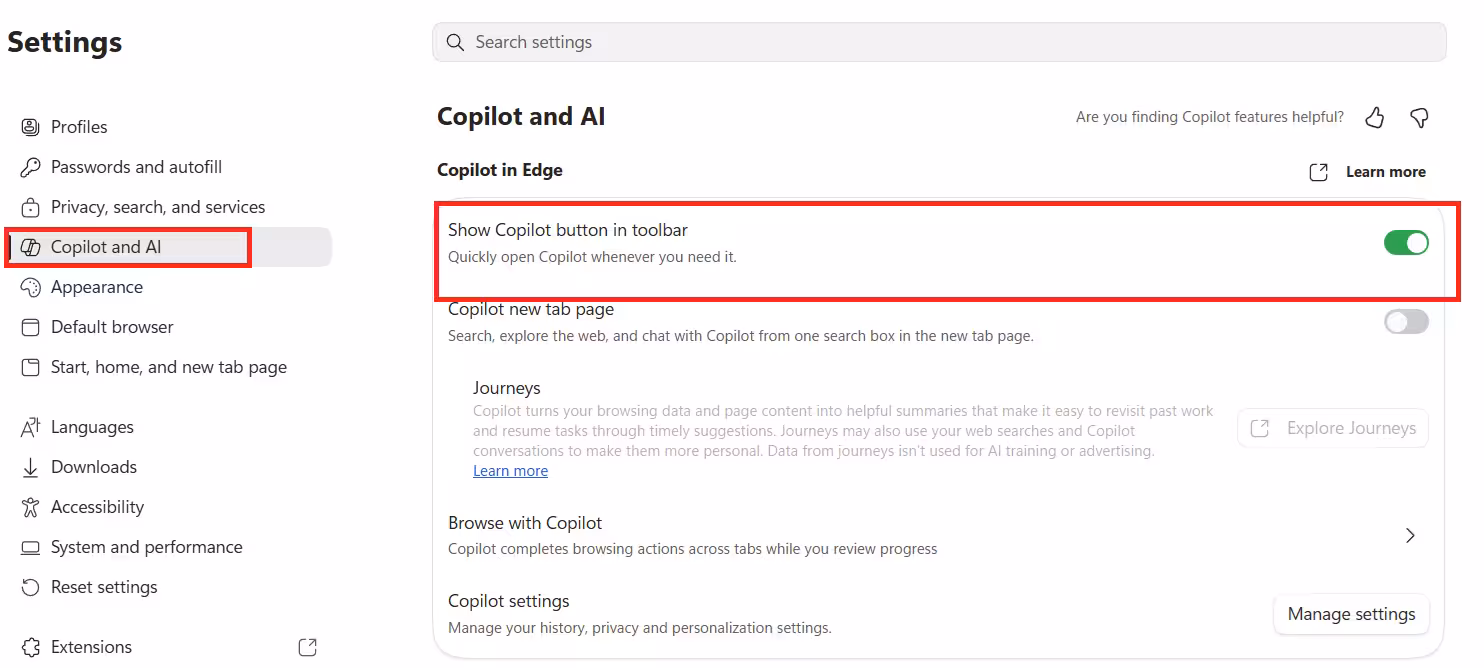 Disable All AI Features in Microsoft Edge