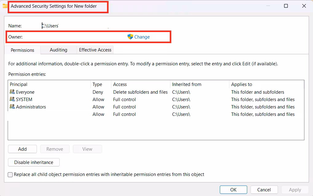Advanced Security Settings window