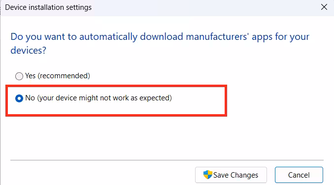 Disable Driver Updates from Device Installation Settings