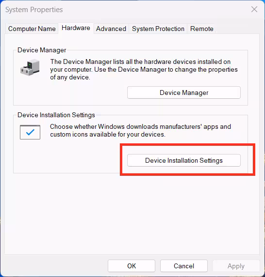 Disable Driver Updates from Device Installation Settings