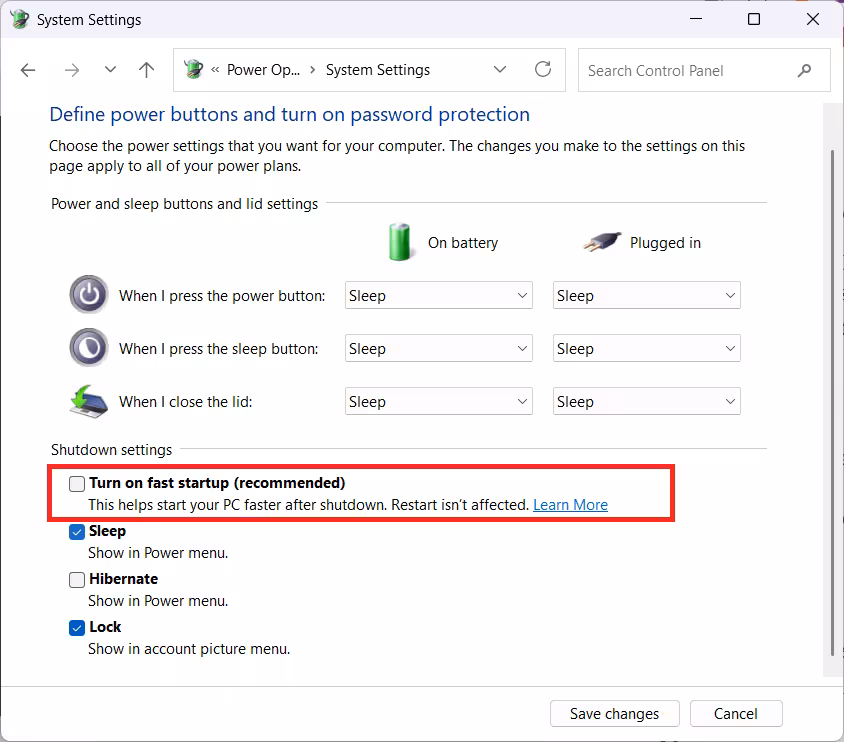 Disable Fast Startup in Windows 11