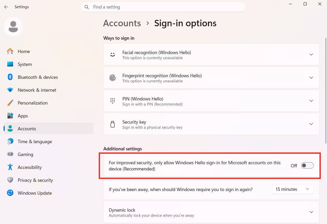For improved security, only allow Windows Hello sign-in for Microsoft account on this device