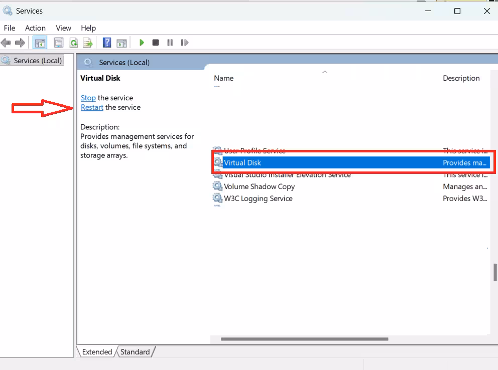 Restart the Virtual Disk Service